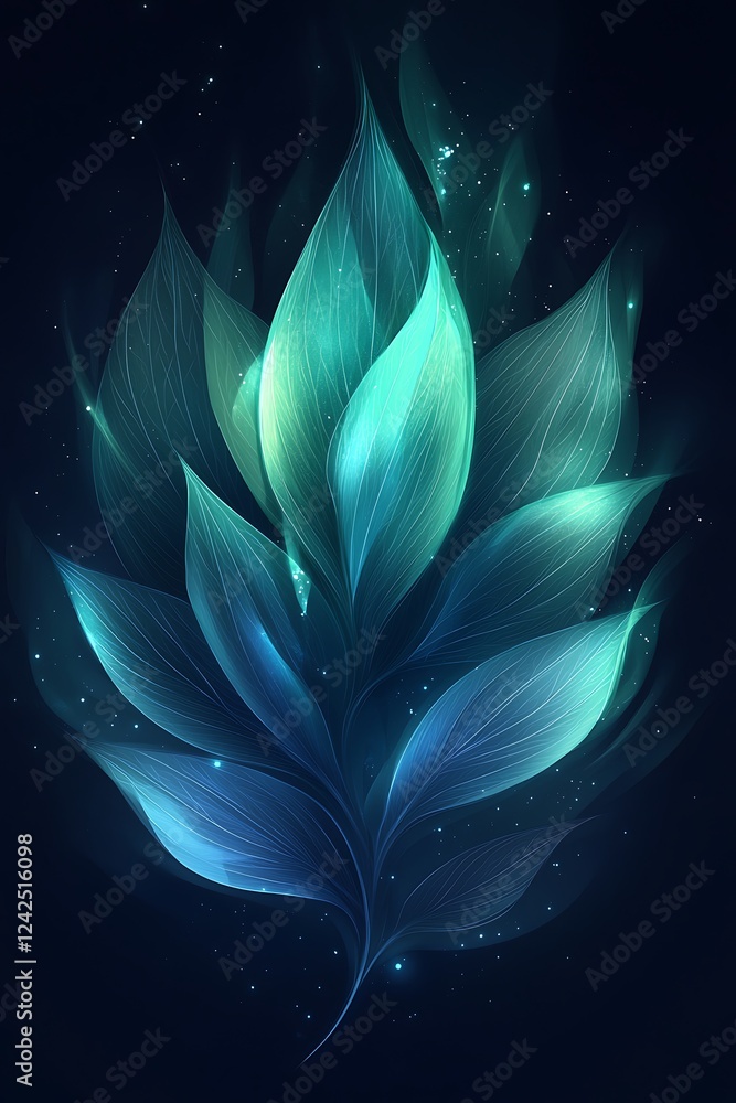 Poster merge the tranquility of nature with technology in an abstract noise blue green gradient background,