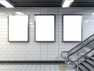 Subway Station with Advertisement Space Three Blank Posters and Escalator Urban Transit Display