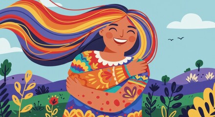 Joyful woman embracing nature with colorful hair and vibrant patterns