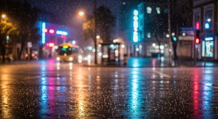 Obraz premium Rainy night cityscape with reflections and colorful lights in urban street scene