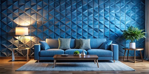 Contemporary Low Light Living Room with Stylish Sofa, Textured Geometric Accent Wall in Blue, Elegant Wooden Side Tables, Cozy Atmosphere, Modern Interior Design, Home Decor Inspiration