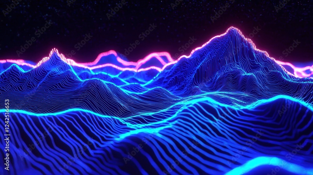Poster neon-lit geographic map showcasing unique surface features.