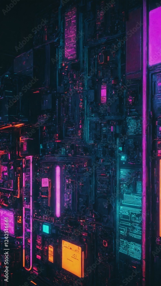 Poster futuristic neon circuit board with glowing lights and complex patterns
