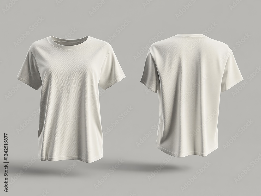 Poster two floating plain t shirts presentation front and back view with soft lighting and neutral backdrop