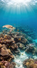 Stunning underwater scene with sea turtle and vibrant coral reef in sunlit ocean