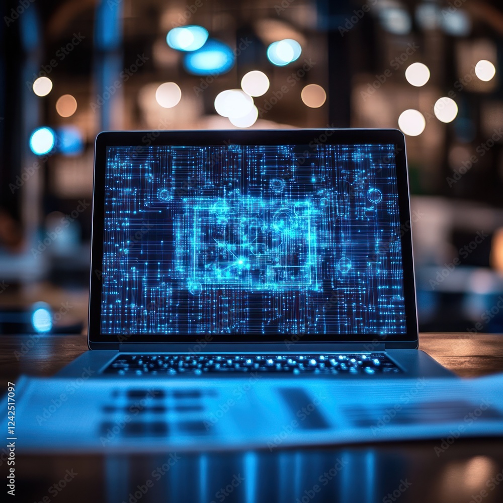 Poster laptop with data graphics on screen at desk. bokeh lights. use in technology concept