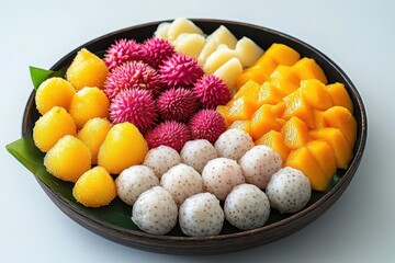 Assorted tropical fruits: rambutan, mango, jackfruit, and sago pearls arranged beautifully. Perfect for menus, blogs, or articles about exotic cuisine and healthy eating.