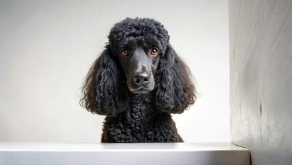 Curious Black Standard Poodle Peeking Over White Surface Indoors - Stylish Pet Photography, Adorable Dog, Home Environment, Playful Canine, Interior Design, Pet Portraits, Dog Lovers