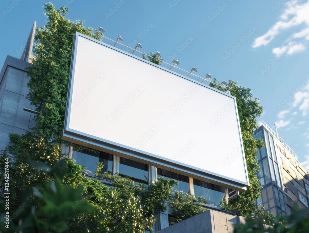 Poster urban billboard ad space in green environment architecture and bright sky background mockup display