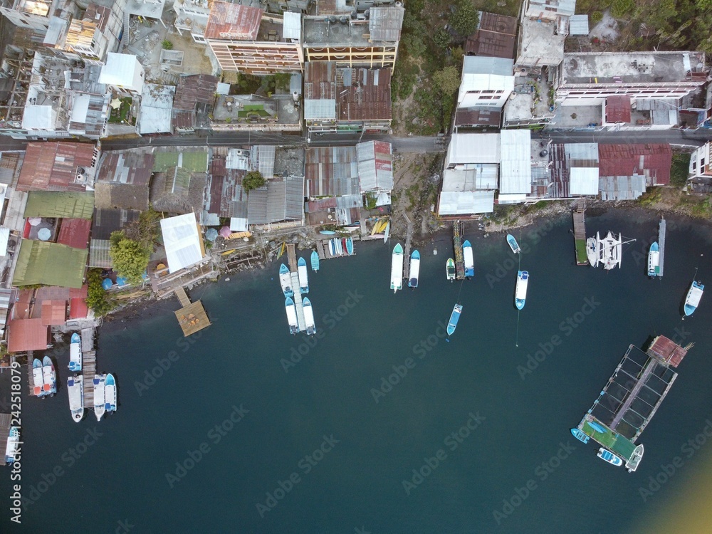 Canvas Prints Aerial view of coastal town with docked boats.