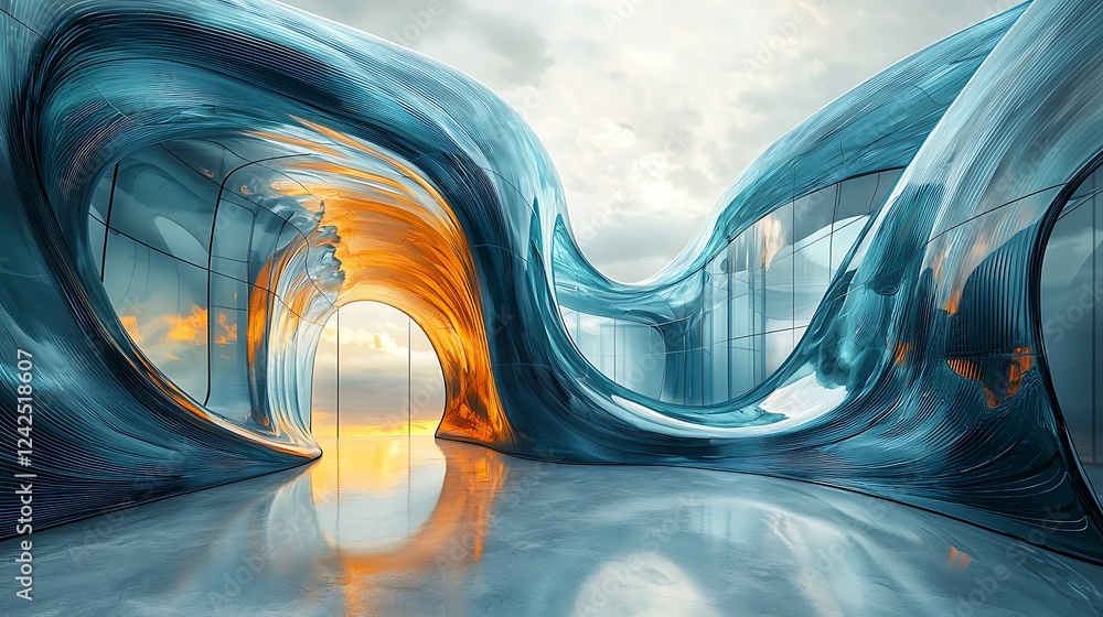 Poster modern abstract glass forms with smooth curves and sharp edges, creating a contemporary architectura