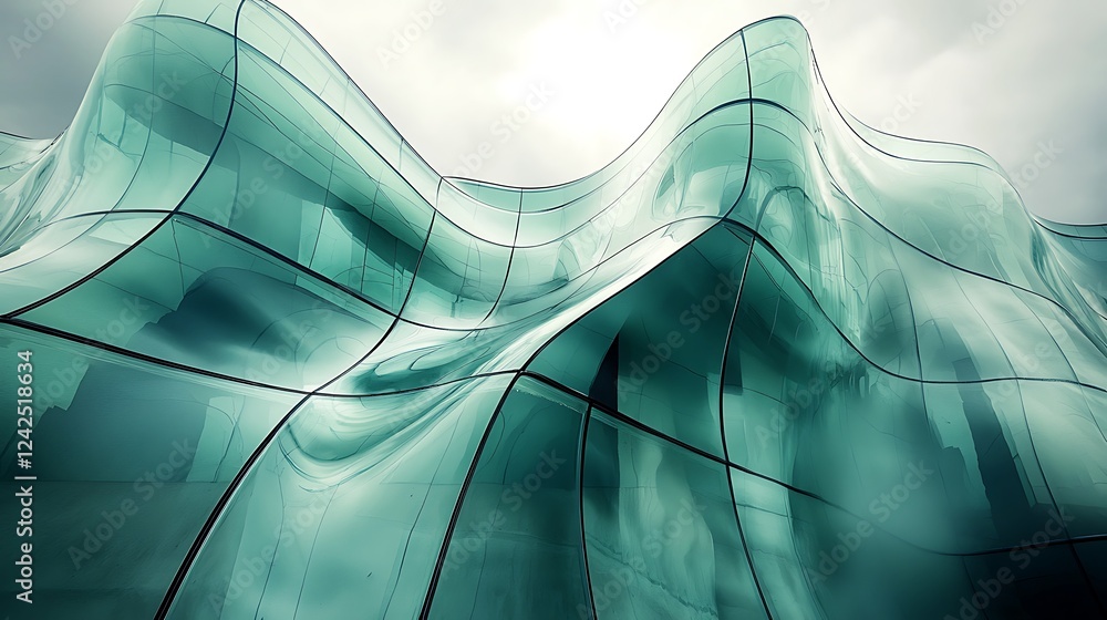 Poster modern abstract glass forms with smooth curves and sharp edges, creating a contemporary architectura