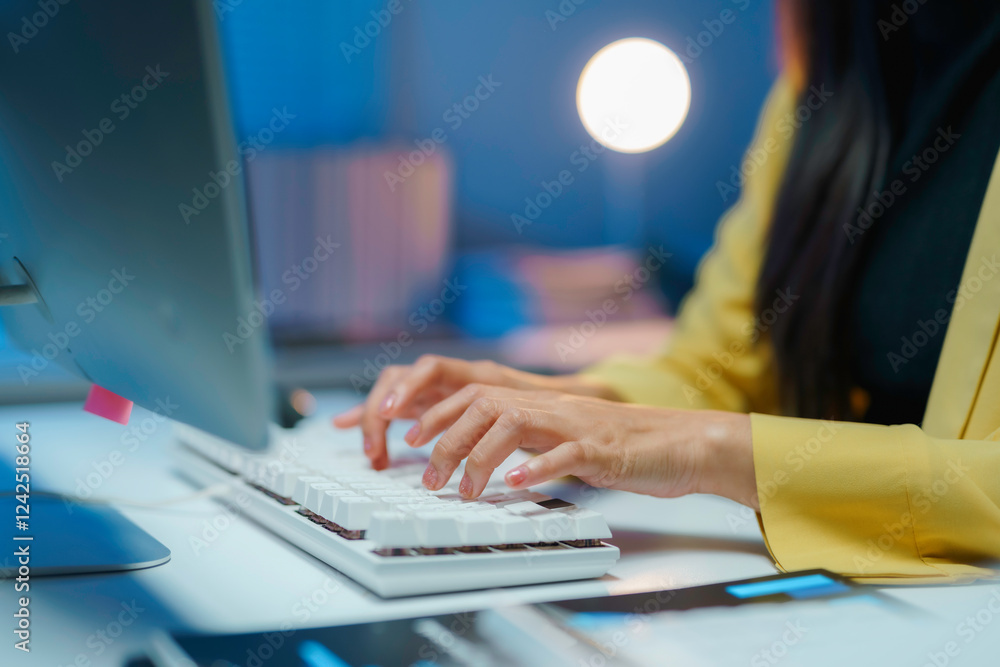 Poster office worker typing on keyboard at night using desktop computer