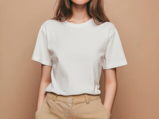 Obraz premium Woman in Plain White T Shirt and Tan Pants Standing Against a Neutral Colored Background Outfit