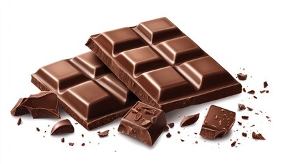Delicious dark chocolate bar pieces on a clean white background with chocolate shavings, perfect for sweet indulgence and dessert concepts.