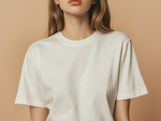 Woman Wearing Simple Light Cream Color Cotton T Shirt Outfit Presentation Casual Fashion Still Studio Shot