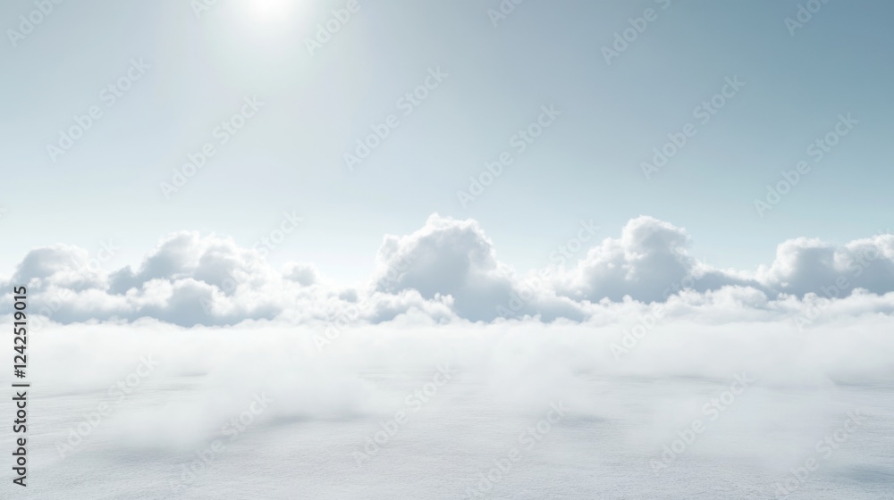 Poster expansive view of soft white clouds in a serene blue sky with vaporous fog covering a smooth surface