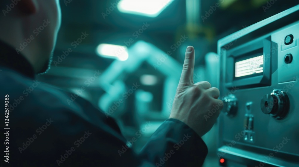 Poster factory engineer instructs worker to adjust cnc lathe machine settings in a high-tech manufacturing 