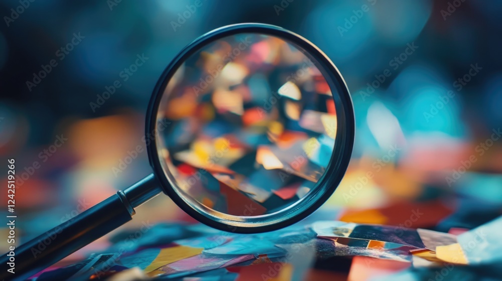 Poster magnifying glass focused on colorful abstract data shapes with blue and orange tones in blurred back