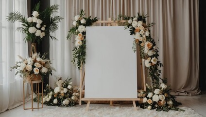 A clean and elegant blank white welcome sign on an easel, set against a stylish modern boho wedding backdrop