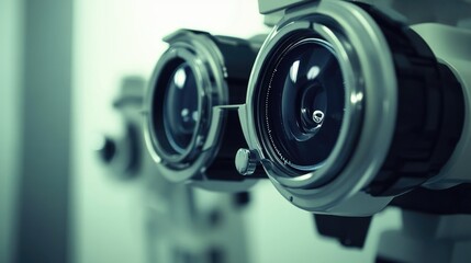 Close-up of ophthalmology diagnostic equipment with sleek lenses and precision optics in clinical green tones, highlighting coreometry technology