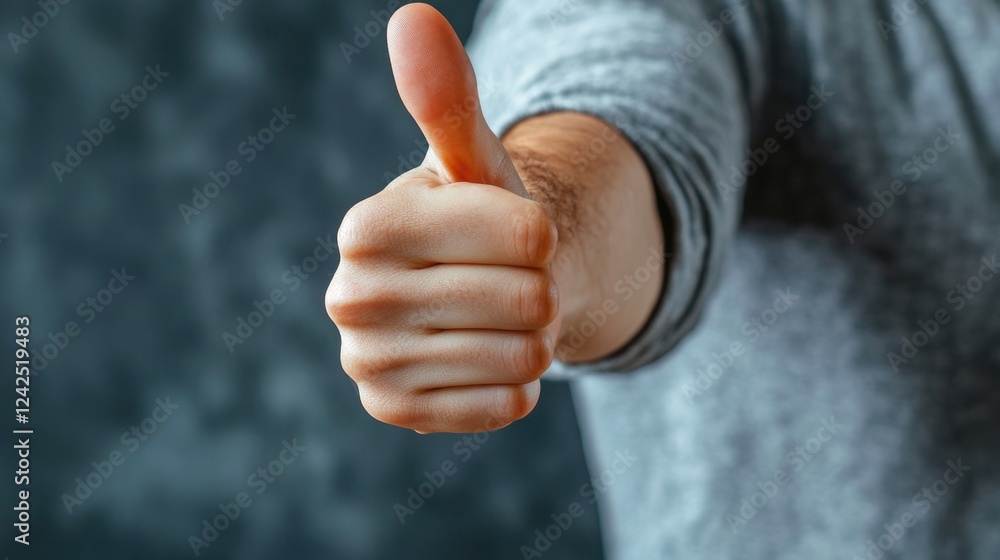 Poster model displaying positive gesture with thumbs up in casual gray attire against soft blurred backgrou