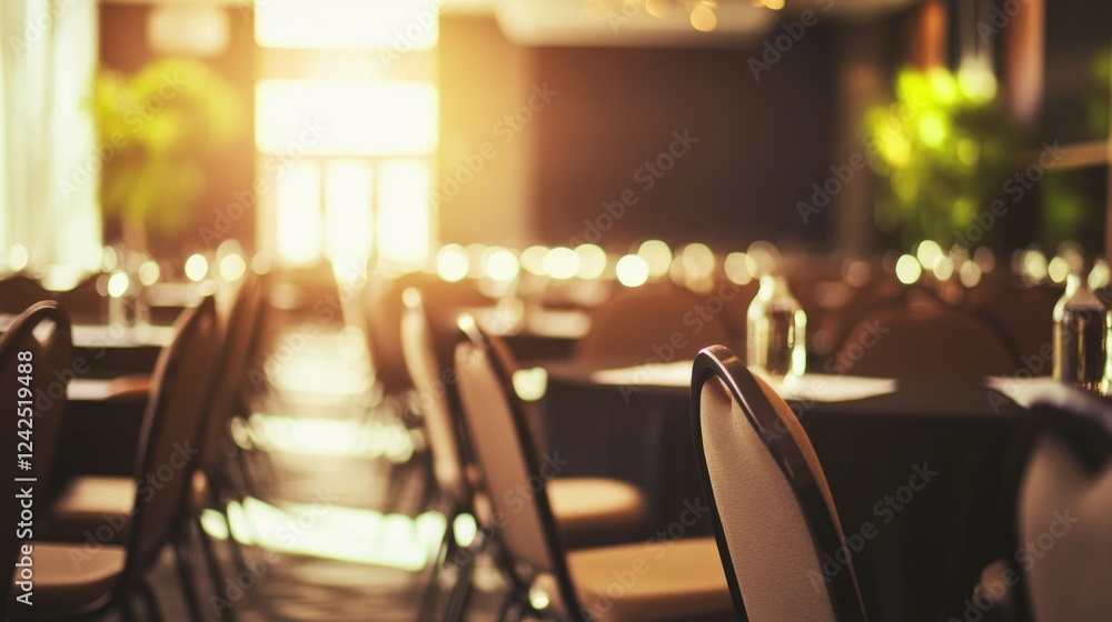 Poster elegant conference space with soft sunlight filtering through windows, featuring circular tables and