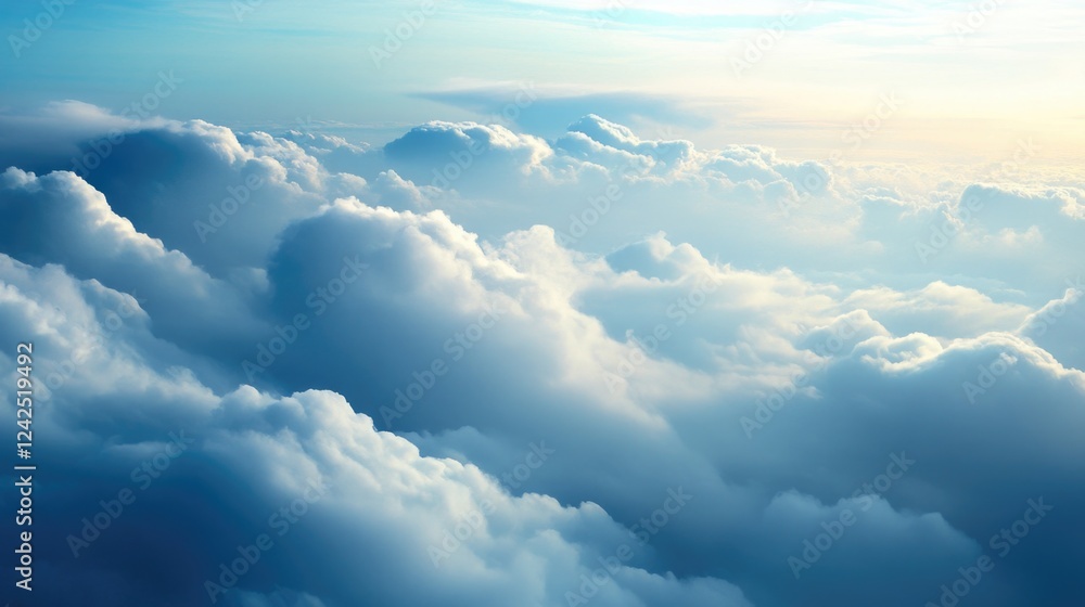 Poster vast soft white fluffy cloudscape with light blue sky and gentle sunlight illuminating the concept o