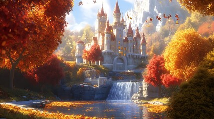 A fairytale castle nestled amidst autumnal foliage and a cascading waterfall.