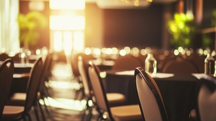 Elegant conference space with soft sunlight filtering through windows, featuring circular tables and empty chairs, ideal for professional training and coaching events.