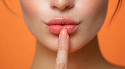 Obraz premium Young adult woman with glossy lips and manicured nails gently touching her lips with a finger on vibrant orange background, expressing silence and intimacy.