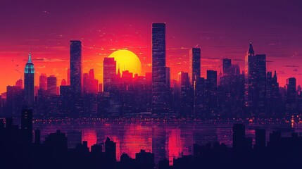Stylized city skyline at sunset, vibrant colors. Ideal for urban, technology, and travel themes.