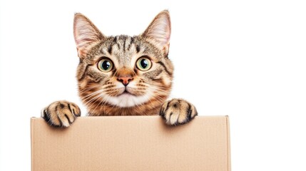 Cute playful tabby cat peeking over a cardboard box with bright green eyes against a clean white background showcasing pet delivery concept