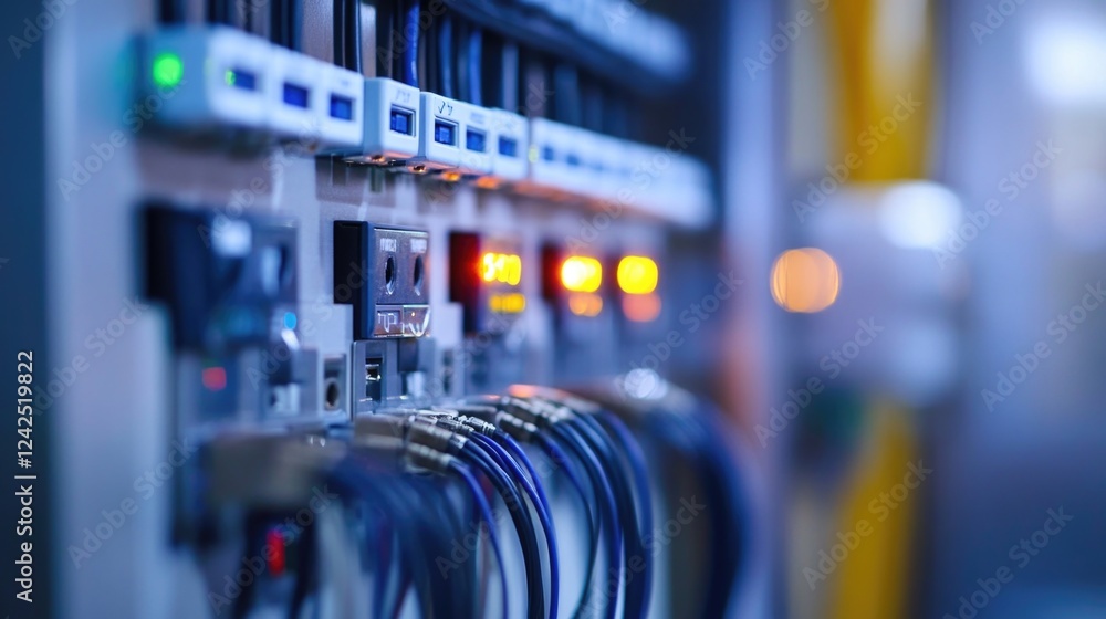 Poster close-up of network control panel with blue and green cables connected to digital interface and led 