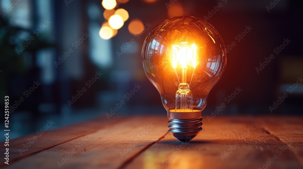Poster light bulb illuminating a rustic wooden table with soft glowing background bokeh in a warm toned int