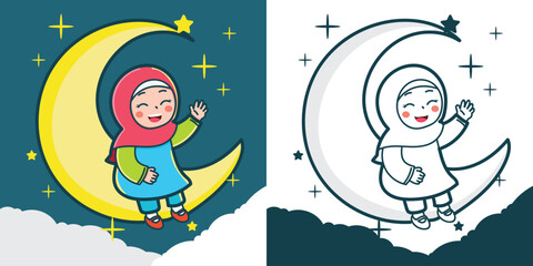 A little Muslim girl sits on a crescent moon for a design element or coloring book element