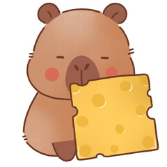 Cute capybara character holding piece of cheese, expressing joy and playfulness