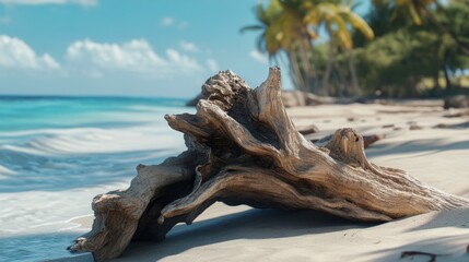 Tranquil Paradise: Driftwood Resting on a Pristine Tropical Beach with Palm Trees and Clear Blue Skies