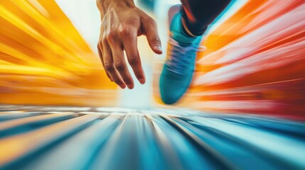 Dynamic Motion of a Runner with Outstretched Hand and Colorful Background in Orange and Blue, Representing Speed and Focus in Performance