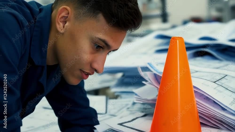 Poster engineer carefully observes a bright orange traffic cone placed on a stack of technical drawings, se