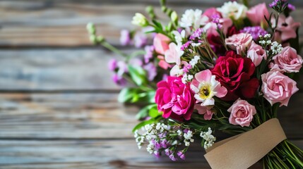 Bright and vibrant bouquet of mixed roses and wildflowers in shades of pink and red, elegantly wrapped with brown paper, placed on rustic wooden background.