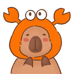Cute capybara wearing orange crab hat, with big eyes and playful expression