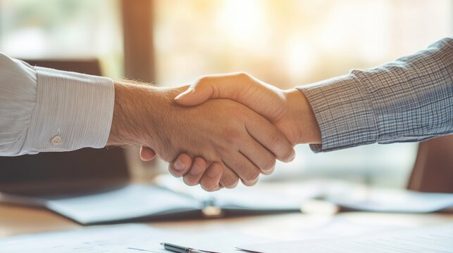 Senior couple engaging in a professional handshake at investment planning meeting with warm sunlight illuminating financial documents in the background