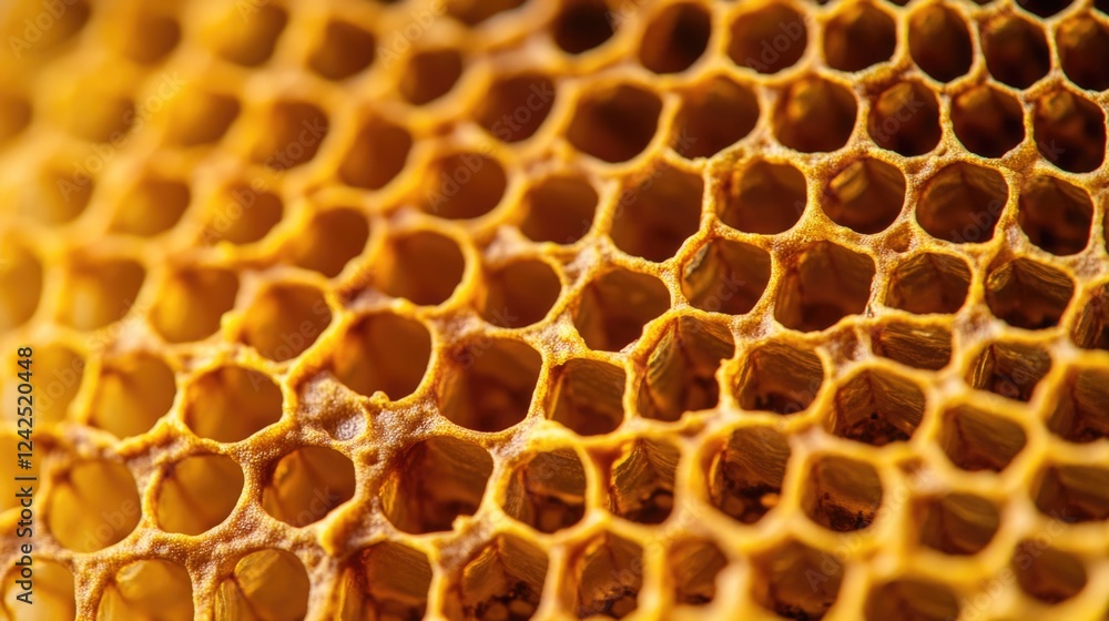 Poster close-up of beeswax honeycomb structure showcasing intricate hexagonal patterns in warm golden tones