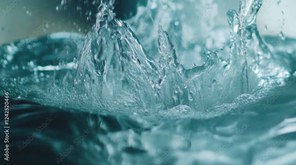 Poster cascading water droplets creating ripples and splashes in a turquoise basin representing motion and 