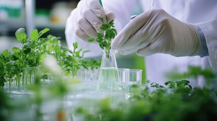 Laboratory Scientist Analyzing Plant Samples with Test Tubes in Hydroponic Farm Greenhouse Environment Fresh Organic Mint Plants in Focus