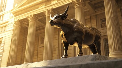 Golden Bull Statue Symbolizing Financial Growth in Front of Classic Stock Exchange Building with Tall Columns and Warm Sunset Lighting