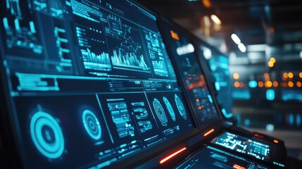 Obraz premium Engineer Management Virtual Control Panel with Blue and Black User Interface Displaying Business Processes and Automation Technology in Industrial Setting