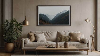 A clean ISO A-sized frame mockup hanging on a living room wall, with a cozy home interior background