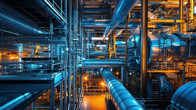 Industrial Labyrinth: A mesmerizing view of a complex network of pipes and machinery inside an industrial plant, showcasing the intricate infrastructure of modern industry.